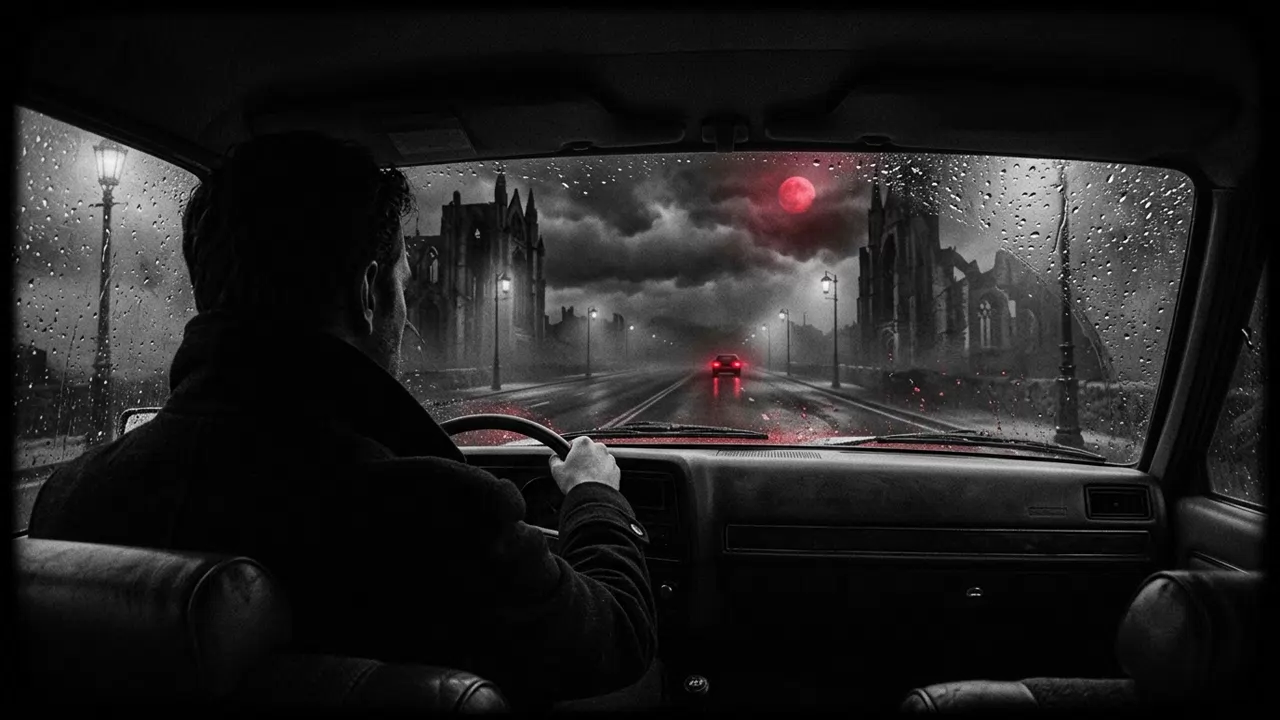 Monochrome 35mm view through a rain-streaked car windshield on an empty gothic street at night with crimson taillights