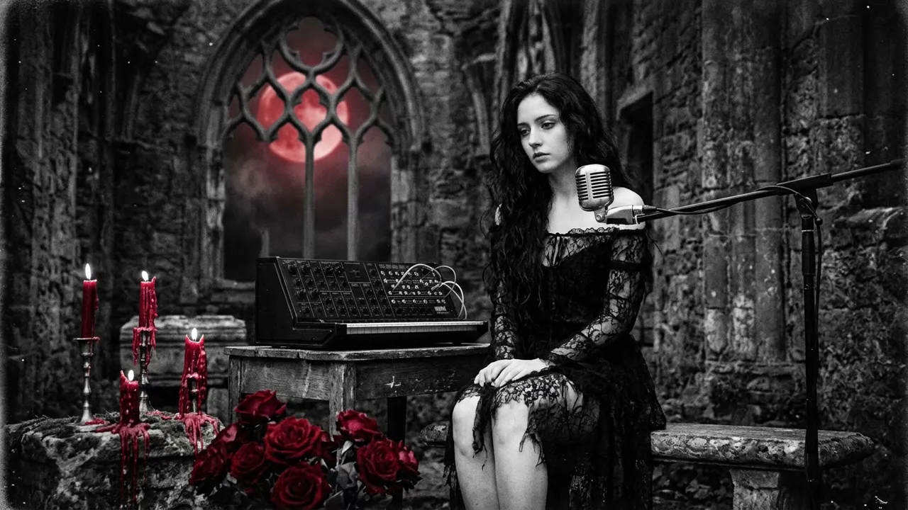 Monochrome 35mm portrait of a pale gothic woman among dark crimson roses and melting candles before a stained-glass window