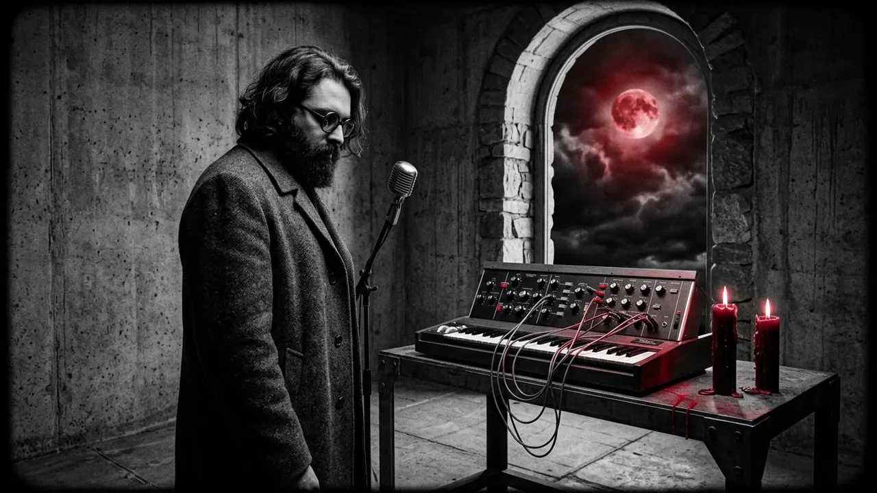 High-contrast monochrome analog synthesizer and vintage drum machine in a dark studio with crimson candle light